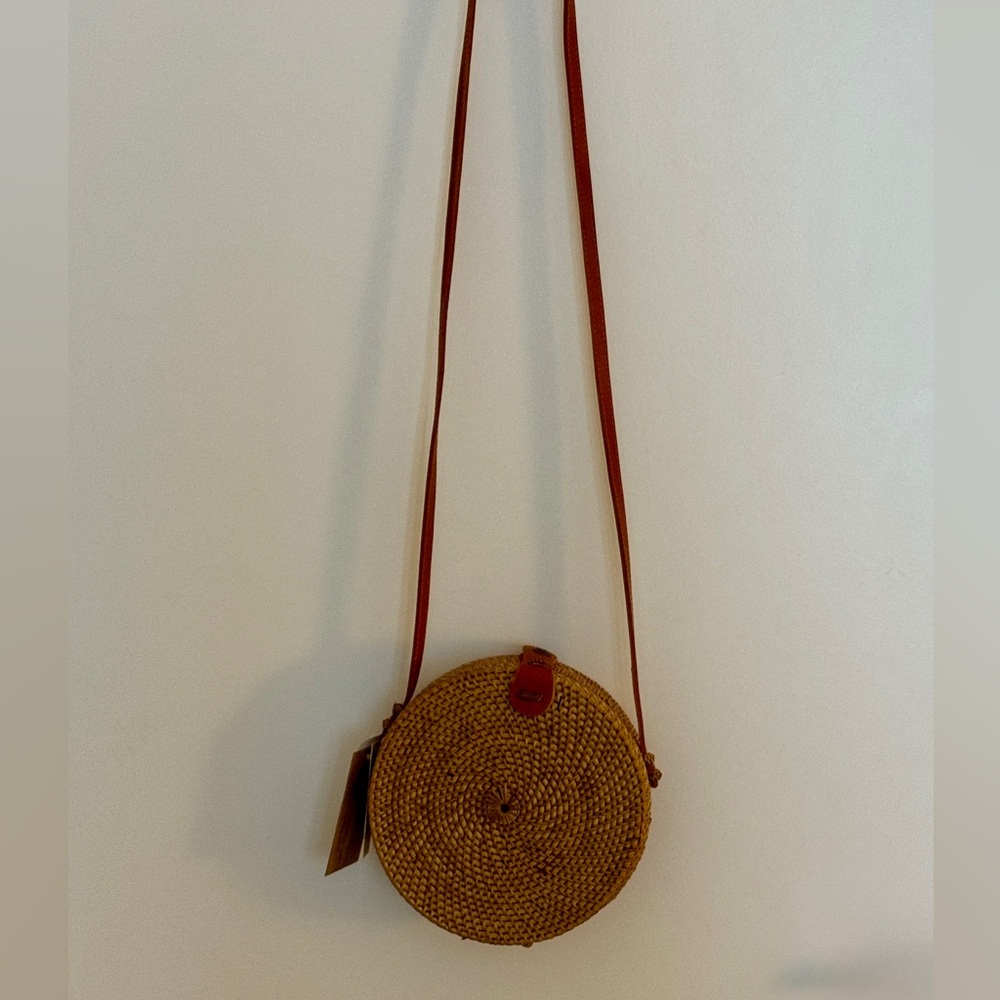 Round Woven Straw Crossbody Bag with Tan Strap